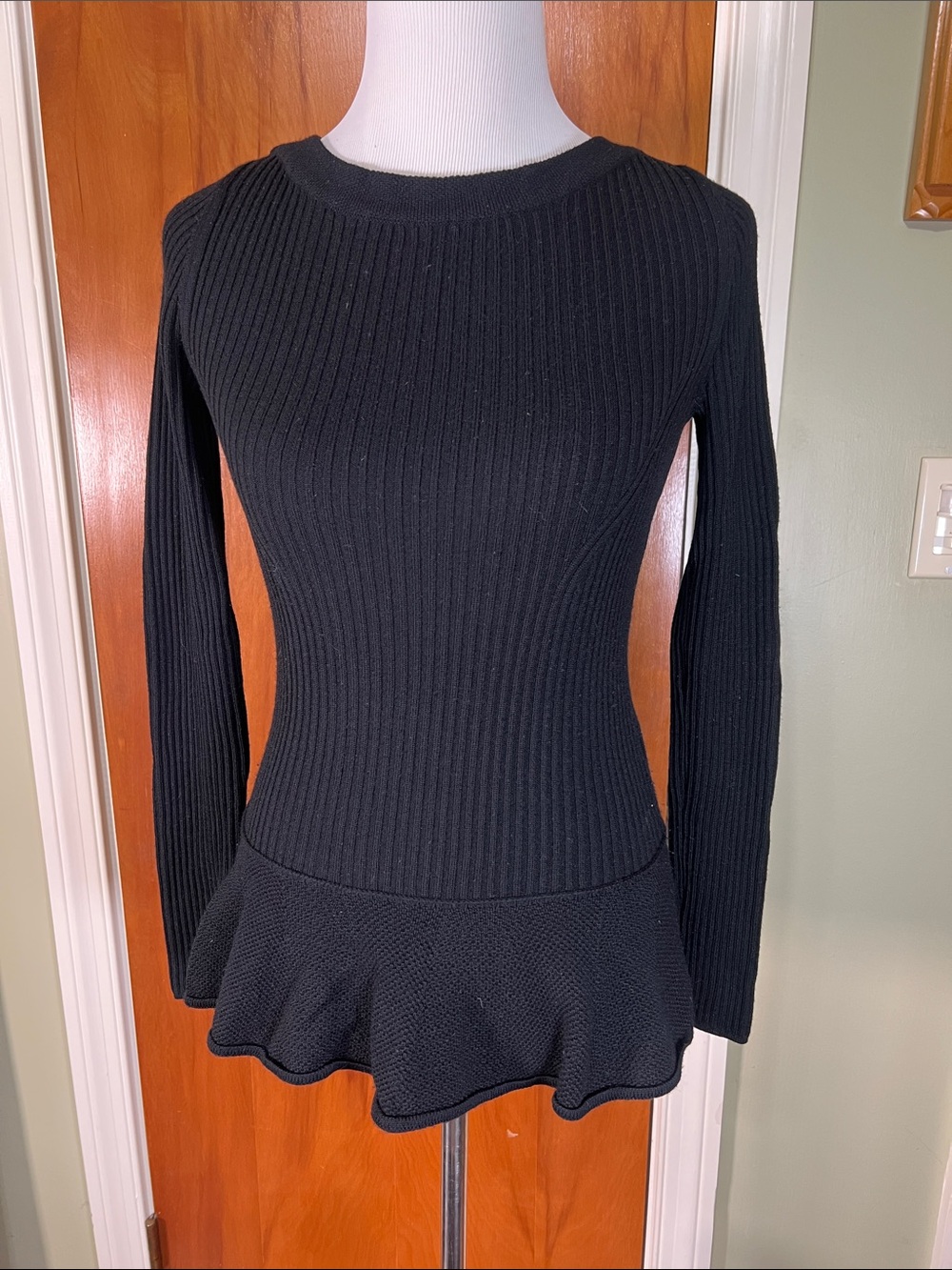Tory Burch Black Ribbed Peplum Crewneck Sweater